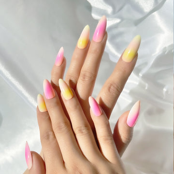 OPOOLA Almond Press on Nails Medium,OPOOLA Rainbow Jelly Soft Gel Fake Nails for Women Fit Natural,  Stick on Nails Reusable, 24pcs False Nails with Design Glue Art Kit